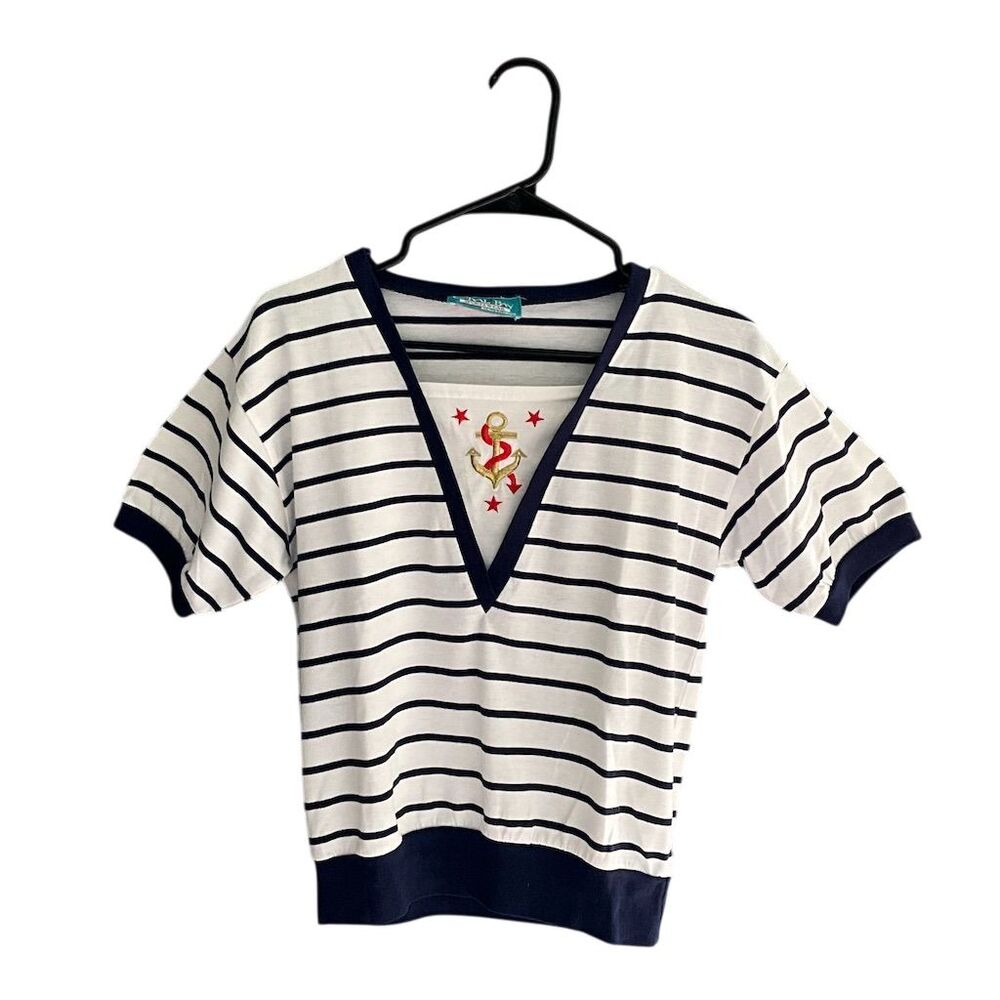 Vintage Sportswear‎ Women's Striped V-Neck T-Shirt M Multicolor Nautical Casual